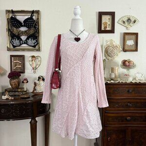 dainty boho fairy coquette pink patchwork mini dress